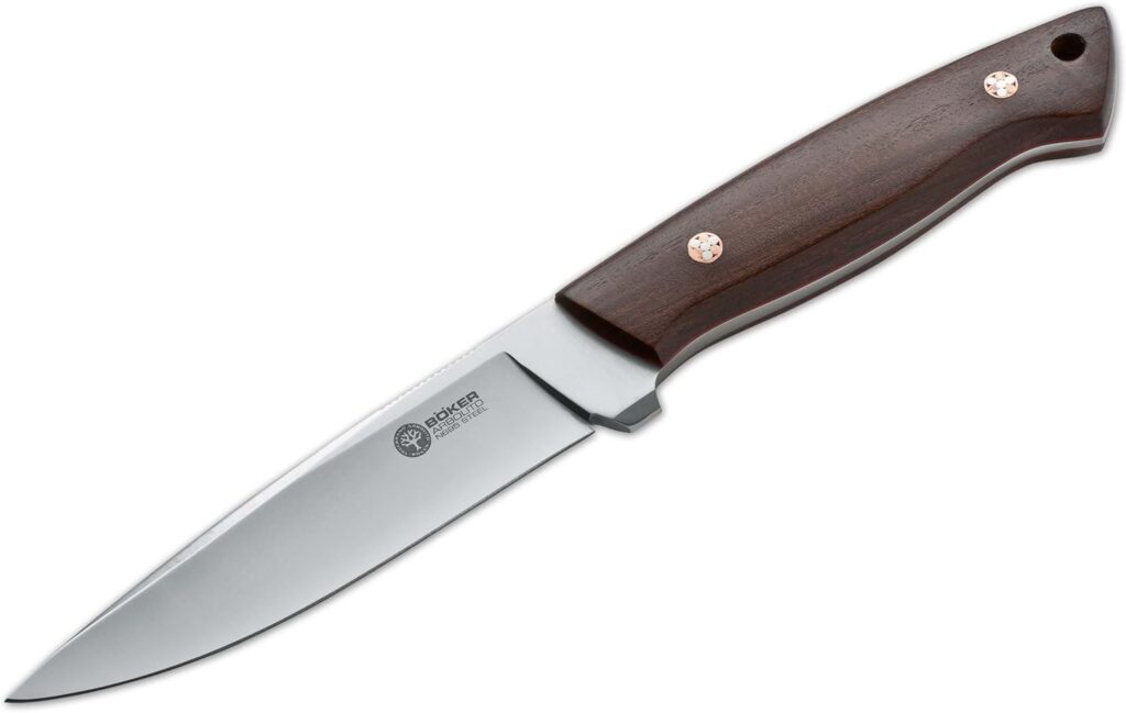 Couteau Boker Arbolito Relincho Madera, avec une lame fixe de 12,8 cm, un manche en bois et un étui cuir argentin.