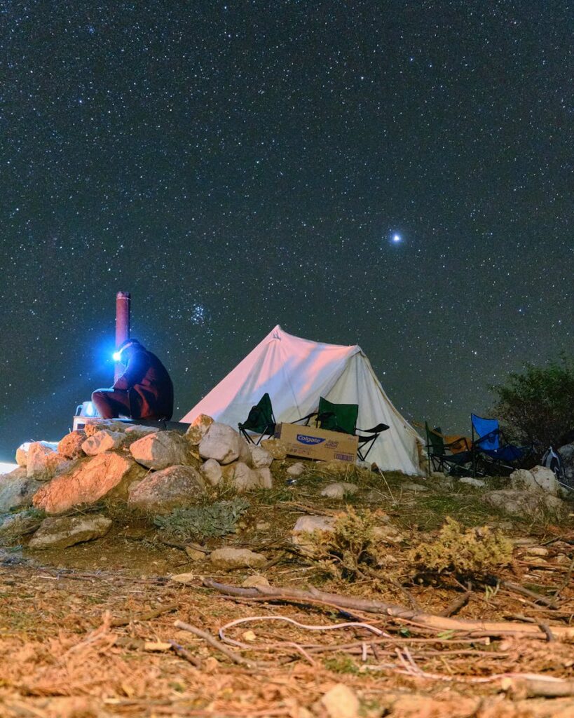 A serene night under the stars at a remote campsite with a brightly illuminated tent by a head torch.