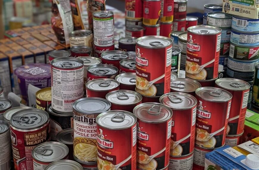 Aliments à stocker en cas de crise - Un stock bien organisé : conserves, céréales, fruits secs en contenants hermétiques étiquetés avec dates de péremption. La base du kit officiel.