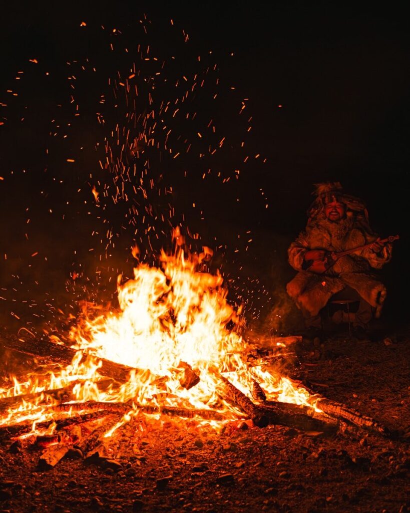 Feu de camp avec du bois dur en forêt française
