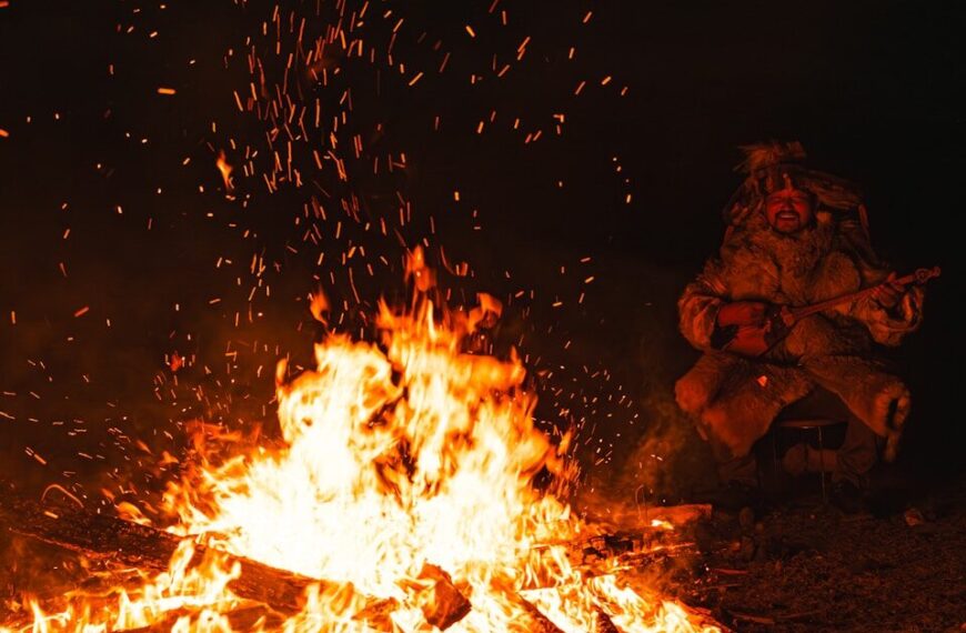 Feu de camp avec du bois dur en forêt française