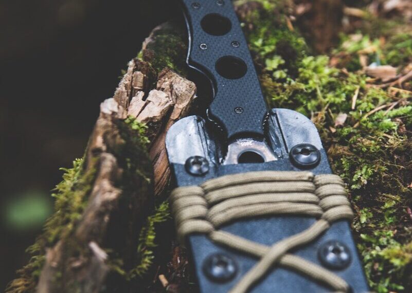 Couteau de survie posé sur une souche en forêt
