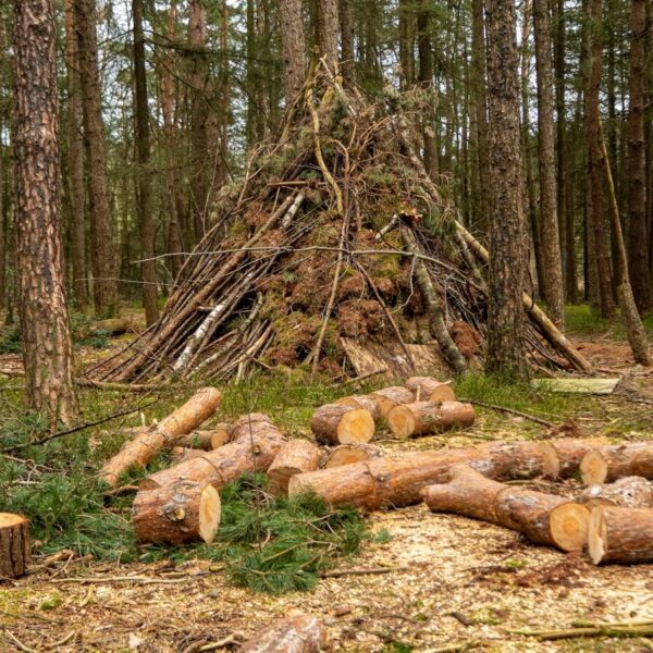 Construire un tipi en forêt avec perches de bois