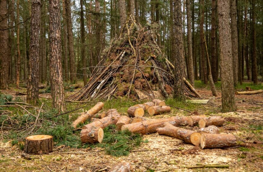 Construire un tipi en forêt avec perches de bois
